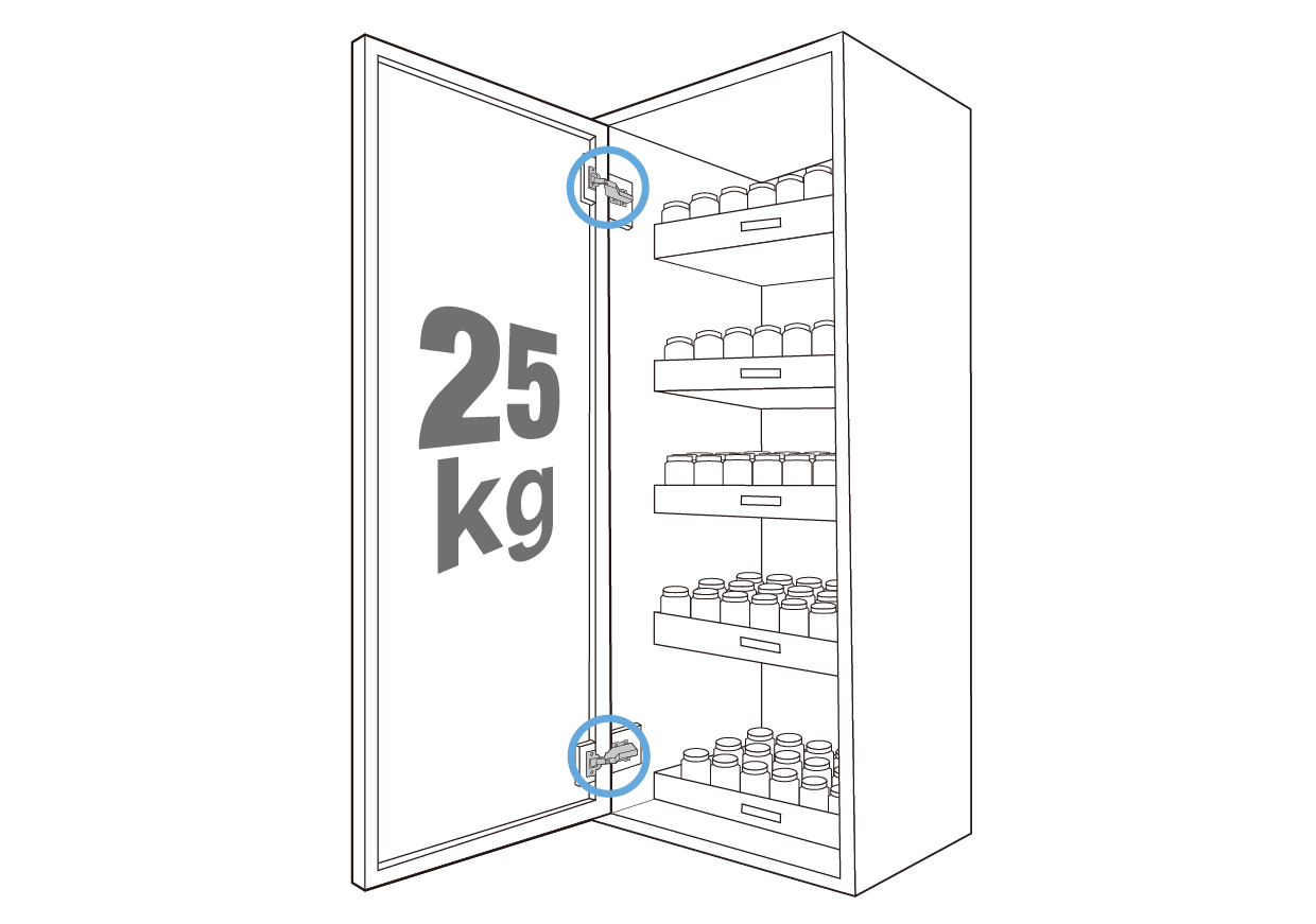 High load-bearing capacity: 25 kg for 2 hinges